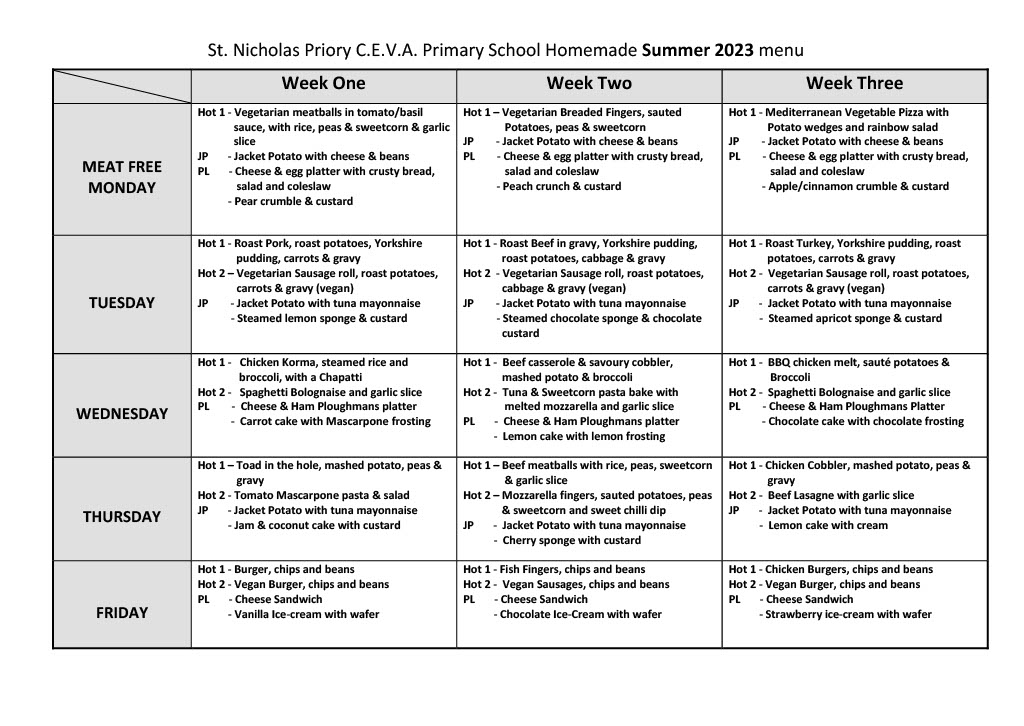 Lunch Menus – St Nicholas Priory